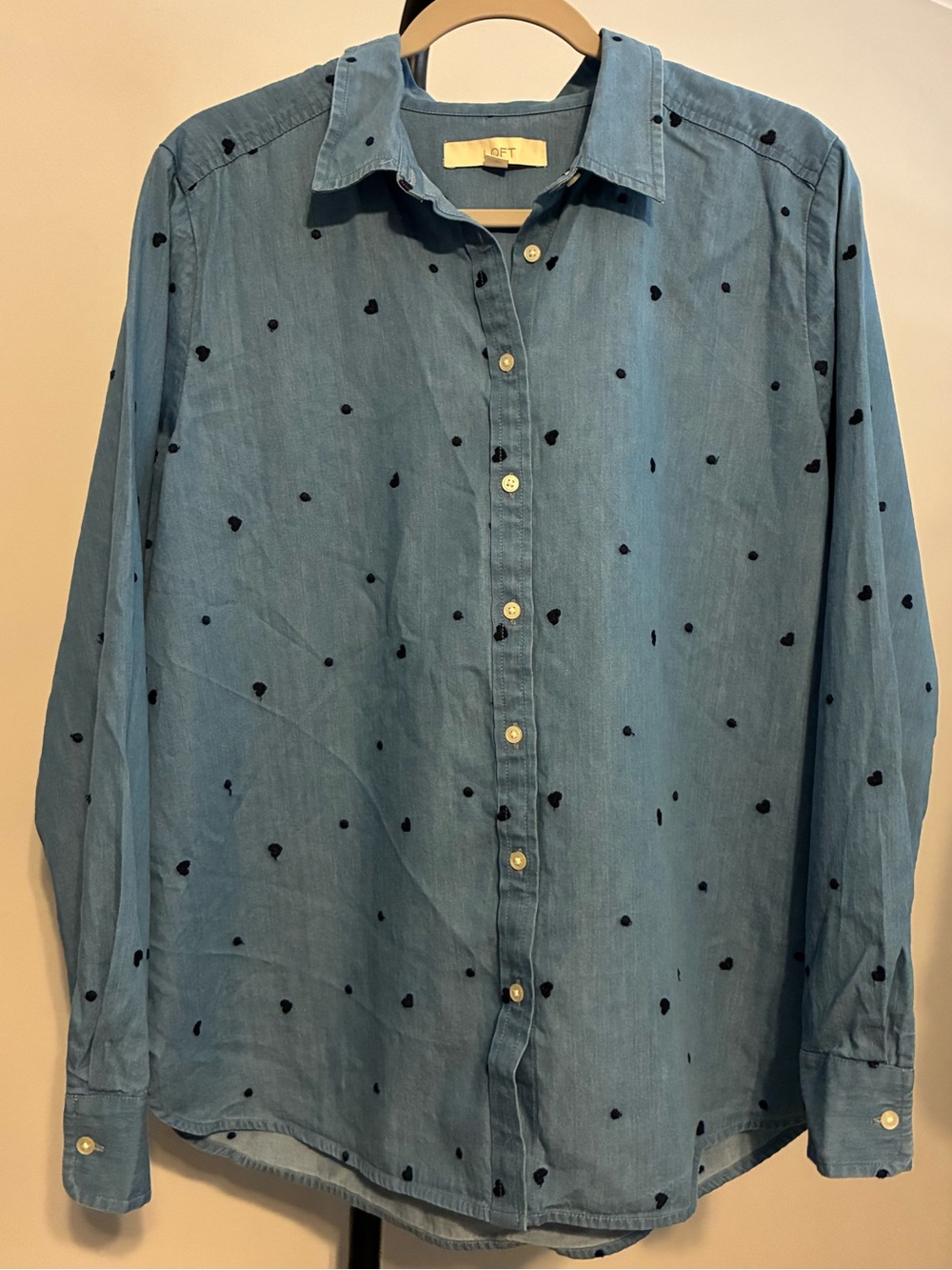 LOFT Blue Jean Denim Button-Down Shirt Embroidered Hearts & Polka Dots Large